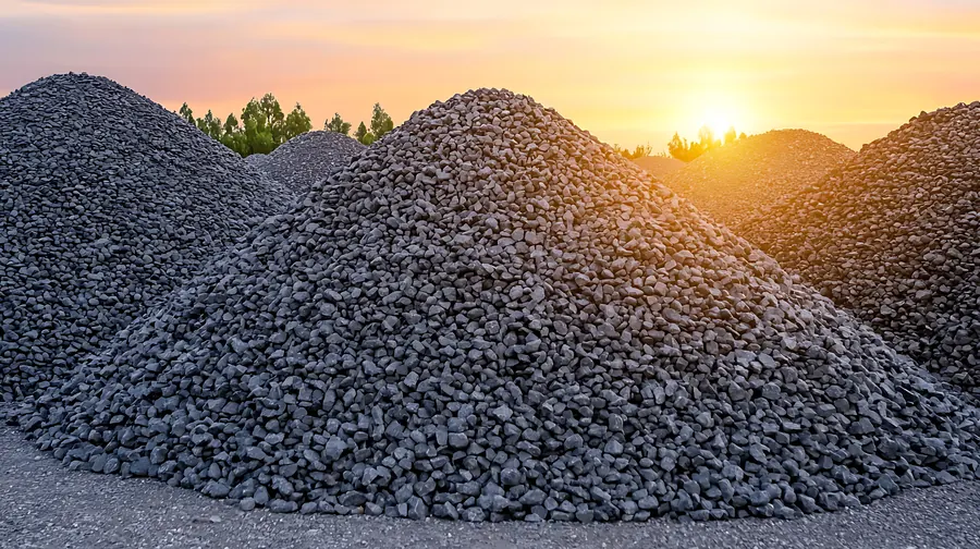 Stockpiles of crushed stone aggregate at sunset